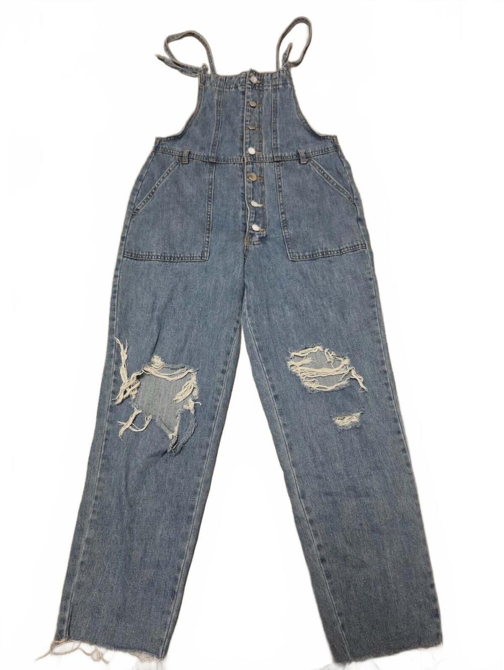 Forever 21 Medium Blue Denim Distressed Overalls